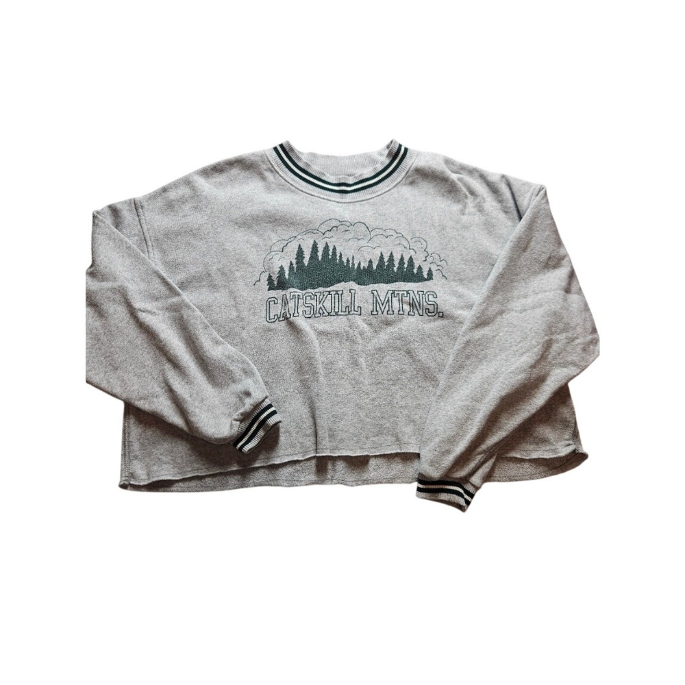 American Eagle Catskill Mtns Cropped Sweatshirt Heather Gray XS Striped Trim